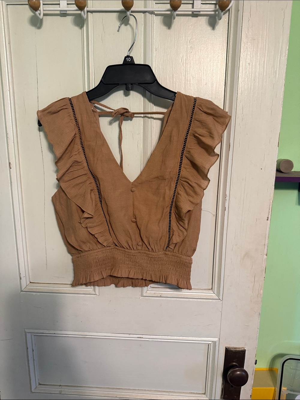 Ruffled V-Neck Tie-Back Camisole in Camel